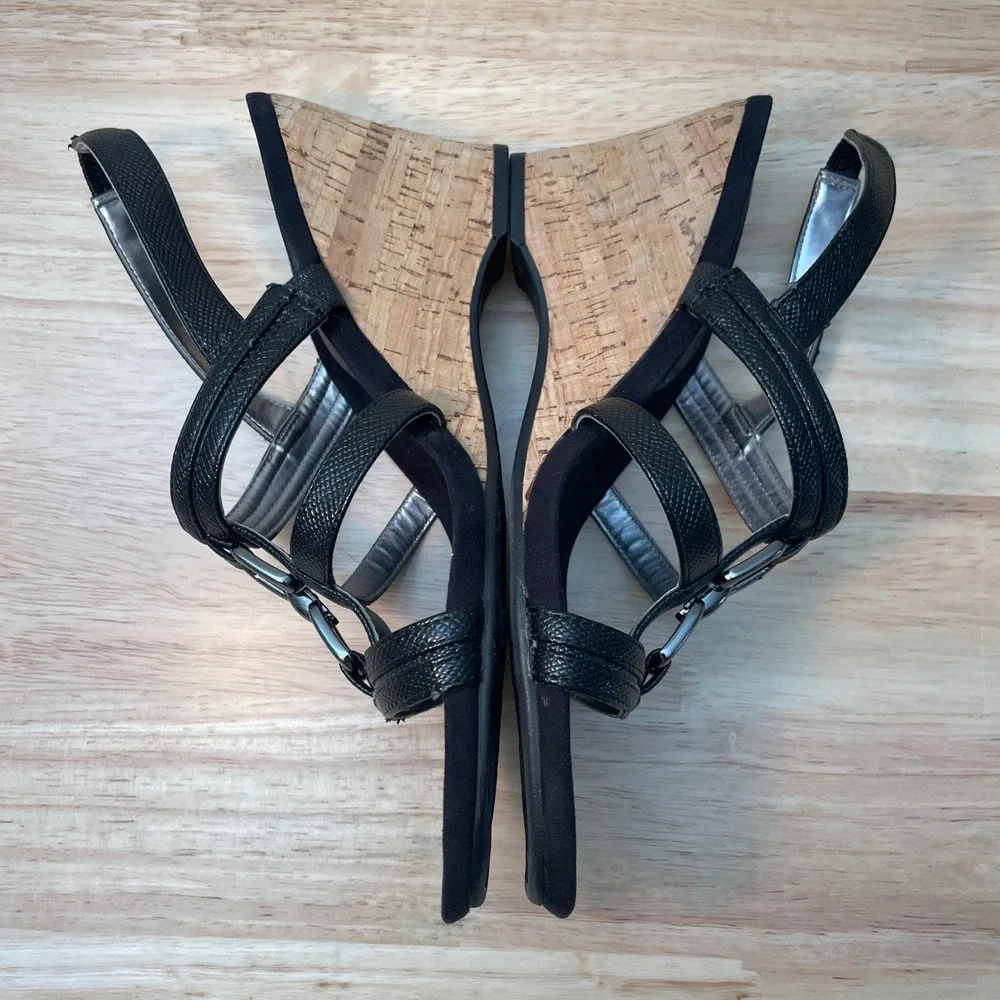 AK Anne Klein Chanatj Black Textured Cork Wedge Slingback Sandals‎ 9M